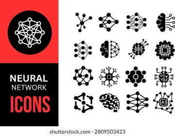Creative neural network icon collection featuring artificial intelligence, deep learning, data connections and digital brain symbols for modern technology projects.