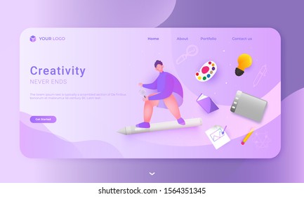 Creative Never Ends of landing page design with man character holding magnifying glass, color palette, book, light bulb, graphic tablet and using painting brush on paper.