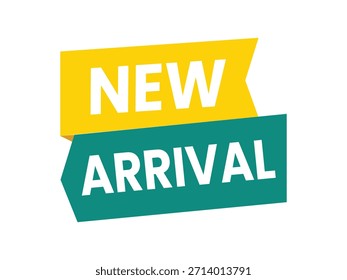 Creative new arrival promotion tag isolated on white background. Flat design vector sale sticker in yellow and green colors suitable for e-commerce marketing, web shops, and retail labeling.
