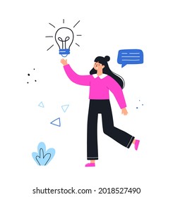 Kreative neue Idee, Innovationsunternehmen starten. Intelligente Geschäftsführerin mit Lampe in der Hand. Handgezeichnete Vektorgrafik.