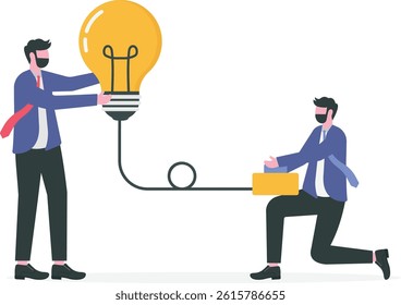 Creative new idea, innovation start up business or inspiration to achieve success goal concept, happy smart businessman leader riding flying bright lightbulb lamp with rocket booster in the cloud sky.