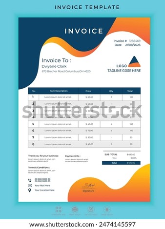  Creative New Invoice Design Template,color variation creative invoice template Paper Sheet include accounting, price, tax, and quantity.