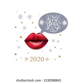 Creative New Year 2020 Greeting Poster design with beautiful full realistic 3d lips and Lettering for  Holiday, Xmas, New Year. Design for cards, prints, invitations. 