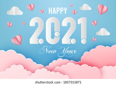 Creative new year 2021 card for greeting or invitations banner in papercut realistic style. paper hearts