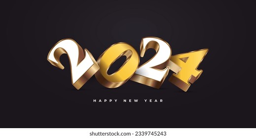 Diseño creativo de pancartas o afiches de Año Nuevo 2024 con números 3D en blanco y oro. Feliz diseño de Año Nuevo 2024
