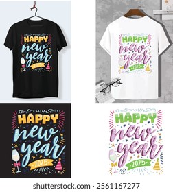 Creative New Year 2025 T-Shirt Design Vector: Festive Illustration with Modern Typography, Fireworks, and Celebration Elements for Stylish Apparel, Perfect for Parties, Events, and Gift Ideas