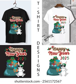 Creative New Year 2025 T-Shirt Design Vector: Festive Illustration with Modern Typography, Fireworks, and Celebration Elements for Stylish Apparel, Perfect for Parties, Events, and Gift Ideas