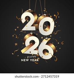 creative new year 2026 3d number hanging concept with golden confetti falling on black background