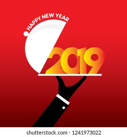 creative new year 219 poster design, restaurant concept 2019 number on serving plate