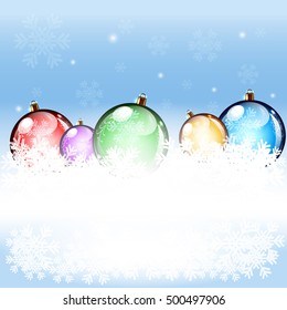 Creative New Year Background with  Snowflakes & Colorful Decorating Baubles in Snow Cloud. Vector Illustration