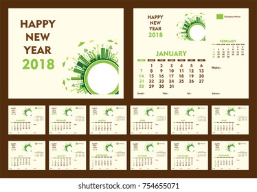 creative new year calendar 2018 template design using go green or eco friendly city concept