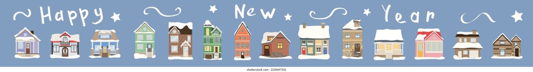 Creative New Year greeting card with houses on color background