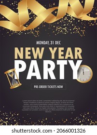 Creative New Year Party template or flyer design with time and venue details for New Year celebration concept.