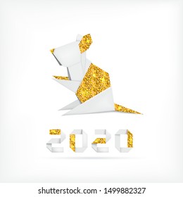 Creative new year poster. 2020 new year chinese symbol. Origami paper simple minimalistic mouse. Vector illustration for your graphic design. 