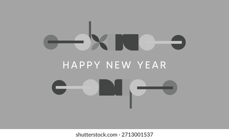 Creativo saludo de Año Nuevo con pesas que forman las letras 'HNY' contra un fondo gris minimalista.