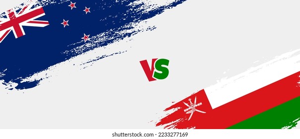 Creative New Zealand vs Oman brush flag illustration. Artistic brush style two country flags relationship background