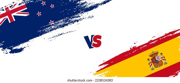 Creative New Zealand vs Spain brush flag illustration. Artistic brush style two country flags relationship background