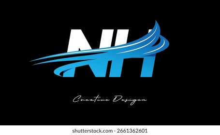 Creative NH Initial Letter Logo with Blue Wave Elements. Modern Creative Branding Design on Black Background