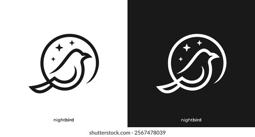 Creative Night Bird Logo. Bird and Moon Star Icon Graphic. Bird Logo Design Template.