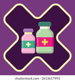 Creative no drugs educational vector, medicine bottle inside cross symbol, drug prohibition illustration, graphic design for health campaign.