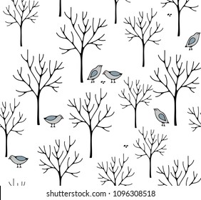 Creative nordic style illustration with winter forest. Seamless wallpaper of snow and birds.