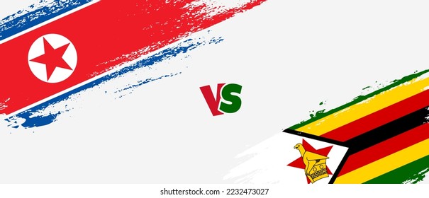 Creative North Korea vs Zimbabwe brush flag illustration. Artistic brush style two country flags relationship background