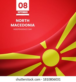 Bandera creativa del Norte de Macedonia sobre textura de tela. Antecedentes del día de la independencia de estilo vintage