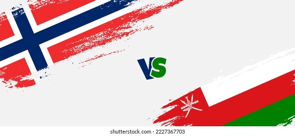 Creative Norway vs Oman brush flag illustration. Artistic brush style two country flags relationship background