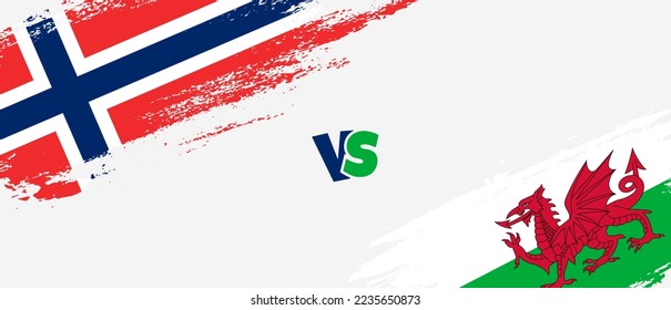 Creative Norway vs Wales brush flag illustration. Artistic brush style two country flags relationship background