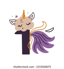Kreative Nummer eins 1 Erstparty Dekoration mit Einhornhorn. Jubiläum für glücklichen Urlaub, Feiern, Geburtstag, Karneval, neues Jahr.