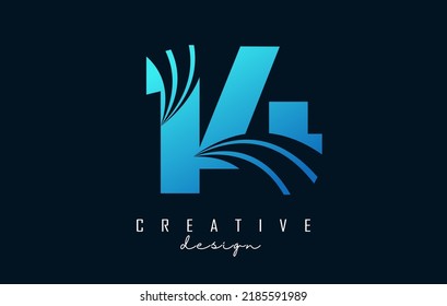 Logotipo creativo número 14 1 4 con diseño de líneas y de concepto de carreteras. Número con diseño geométrico. Ilustración vectorial con número y cortes creativos.