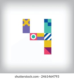 Creative number 4 logo with geometric shapes. Creative educational colorful graphics. Vector