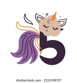 Creative number 5. Fifth birthday party decoration with cute unicorn character. Monthly milestone card for baby girl