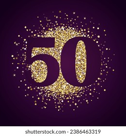 Creative number 50. Price label. 50th anniversary icon concept. Up to 50 percent off sale. Shiny golden design with glittering elements. Isolated sign. Gold texture. Holiday background. Top 50 idea.