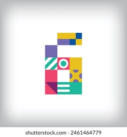 Creative number 6 logo with geometric shapes. Creative educational colorful graphics. Vector