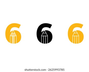 creative number 6 pencil symbol icon design vector isolated transparent background