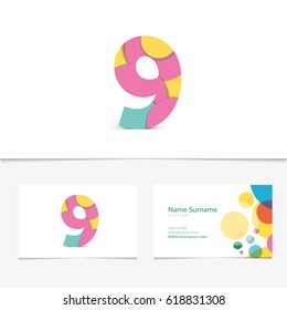 Creative Number 9 design vector template on The Business Card Template. Abstract Colorful Alphabet .Friendly funny abc Typeface. Type Characters.Vector illustration.EPS10