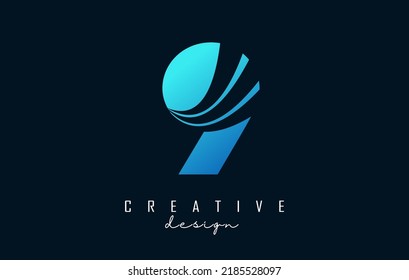 Creative number 9 logo with leading lines and road concept design. Number with geometric design. Vector Illustration with number and creative cuts.