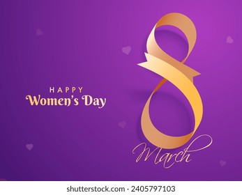 Creative Number of Eight Made By Golden Ribbon on Purple Background for 8th March, Happy Women's Day Celebration Concept.