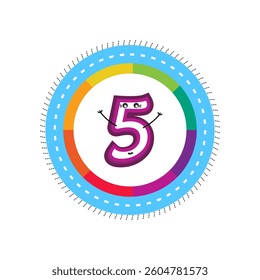 Creative number of five cartoon design clipart with flat style blue theme circle. Design of Number 5 cartoon isolated. 