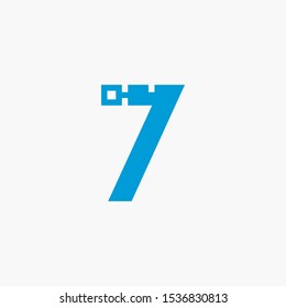 Creative number seven digital circuit style font. Blue number made of electric current wires and connectors. Modern design concept.