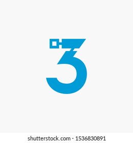 Creative number three digital circuit style font. Blue number made of electric current wires and connectors. Modern design concept.