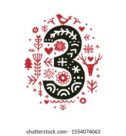 Creative number three with folk motives - scandinavian. Vector illustration.
