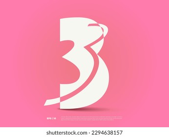 Creative number three, third, 3rd, 3 font shape, modern dynamic flat icon design for your concept typography; alphabet, new year logo, symbol, sign, celebrating, anniversary, ranking type, award etc. 