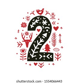 Creative number two with folk motives - scandinavian. Vector illustration.