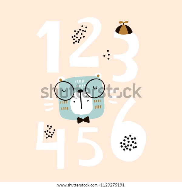 Creative\
numbers with cute bear. Childish print for nursery, kids\
apparel,poster, postcard. Vector\
Illustration