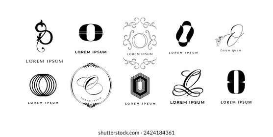 emblema de Creative O. Plantilla de marca de letra o monograma. Conjunto de iconos vectoriales iniciales de nombre de negocio ovalado y circular. Art varios elementos con curvas y elementos florales colección aislada