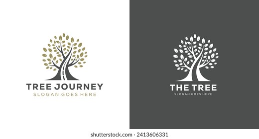Creative Oak Tree Journey Logo. Plant, Tree, Leaf Way, Road with Modern Style. Tree Logo Icon Symbol Vector Design Template.