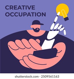 Creative occupation with AI Chatbot. Designer and artist at work. Hobby and modern profession. Flat vector illustration in cartoon style.