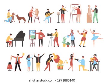 Creative occupation. Art work hobbies freelance artistic characters decorator painters artists photographers recent vector stylized persons working